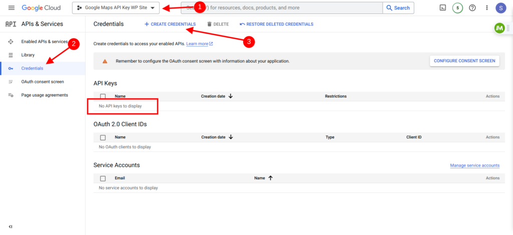 Google Cloud Credentials Dashboard