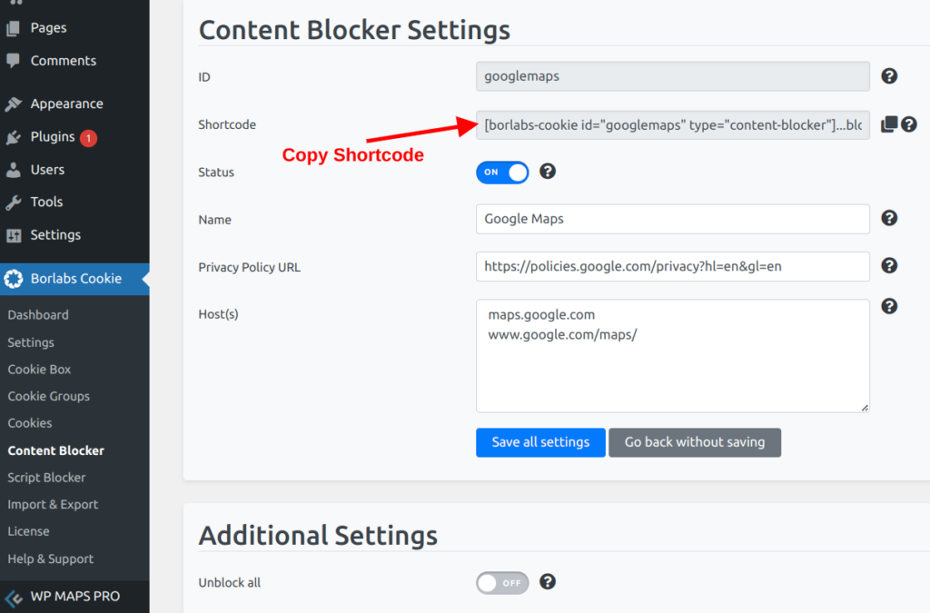 Borlabs Content Blocker Copy Shortcode