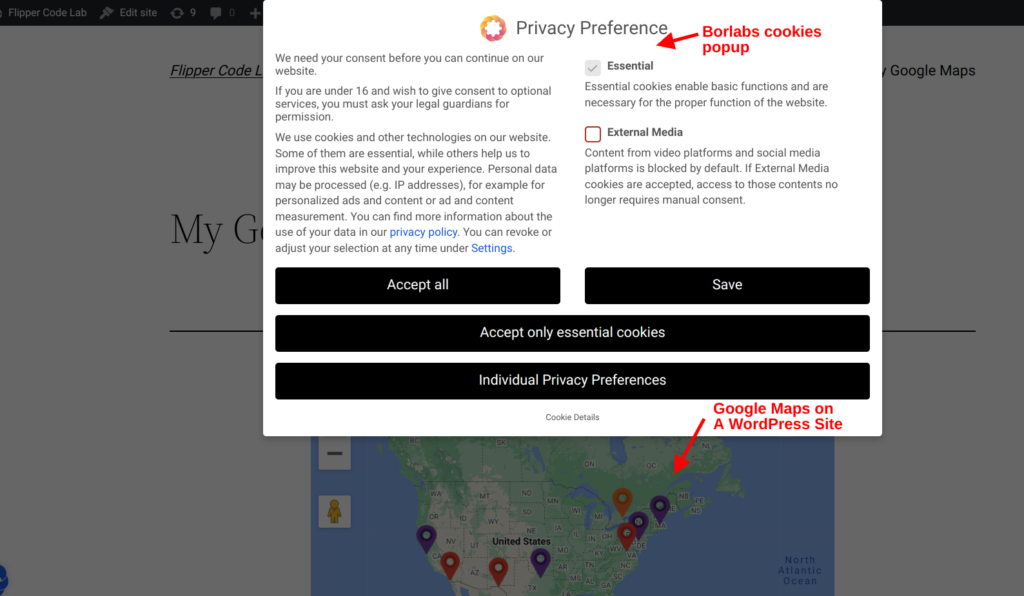 Borlabs cookies popup with Google Maps