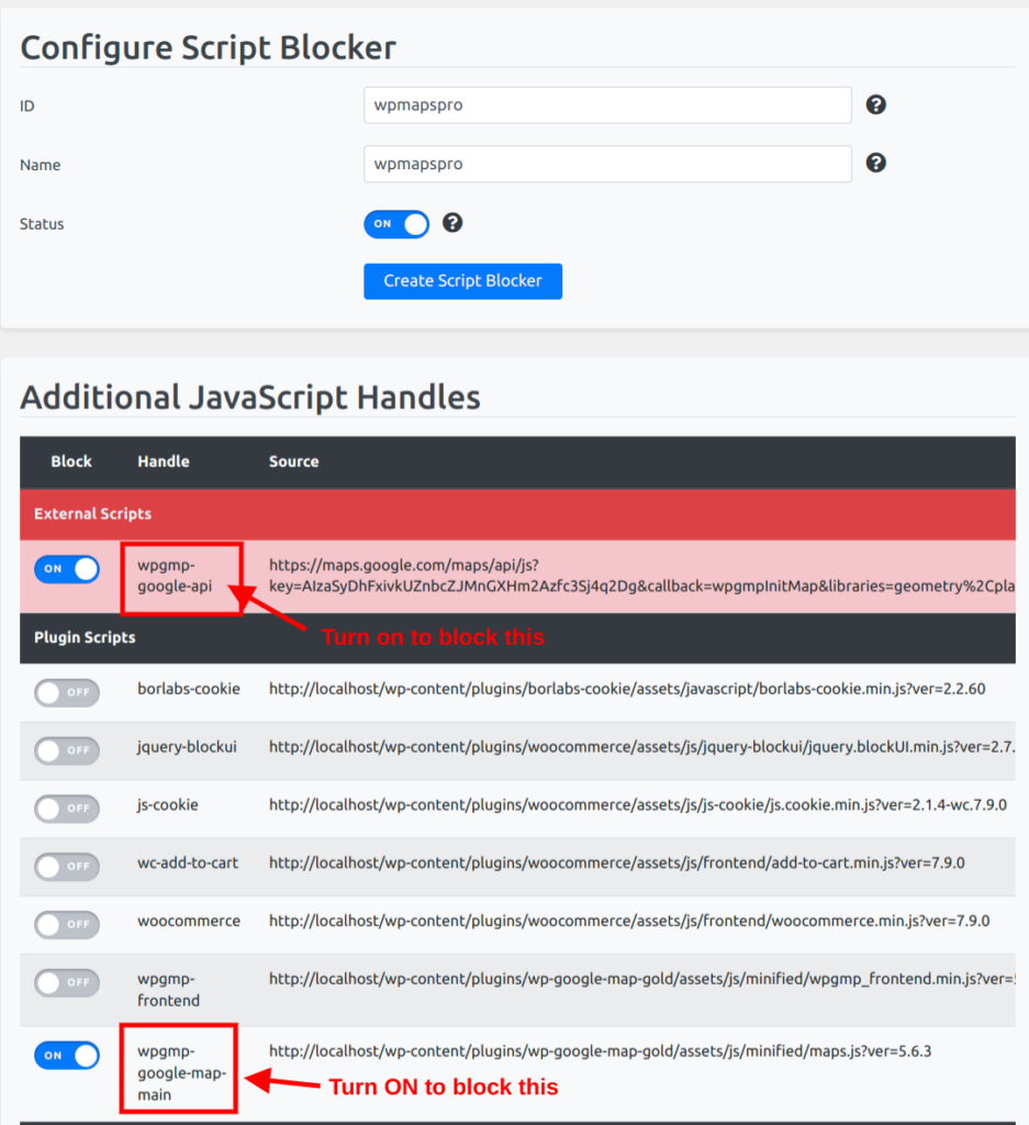 Borlabs cookies script blocker page